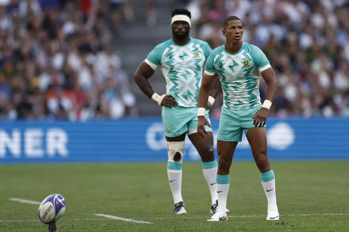 Rugby Union - Rugby World Cup 2023 - Pool B - South Africa v Scotland - Orange Velodrome, Marseille, France - September 10, 2023 South Africa's Manie Libbok prepares to kick a penalty REUTERS/Benoit Tessier/File Photo
