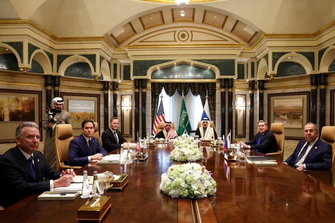 FILE PHOTO: U.S. Secretary of State Marco Rubio meets with Saudi Foreign Minister Prince Faisal bin Farhan Al Saud, Saudi National Security Advisor Mosaad bin Mohammad Al-Aiban, U.S. National Security Advisor Mike Waltz, U.S. Middle East envoy Steve Witkoff, Russian Foreign Minister Sergei Lavrov and Russian President Vladimir Putin's foreign policy advisor Yuri Ushakov, at Diriyah Palace, in Riyadh, Saudi Arabia, February 18, 2025. REUTERS/Evelyn Hockstein/Pool/File Photo