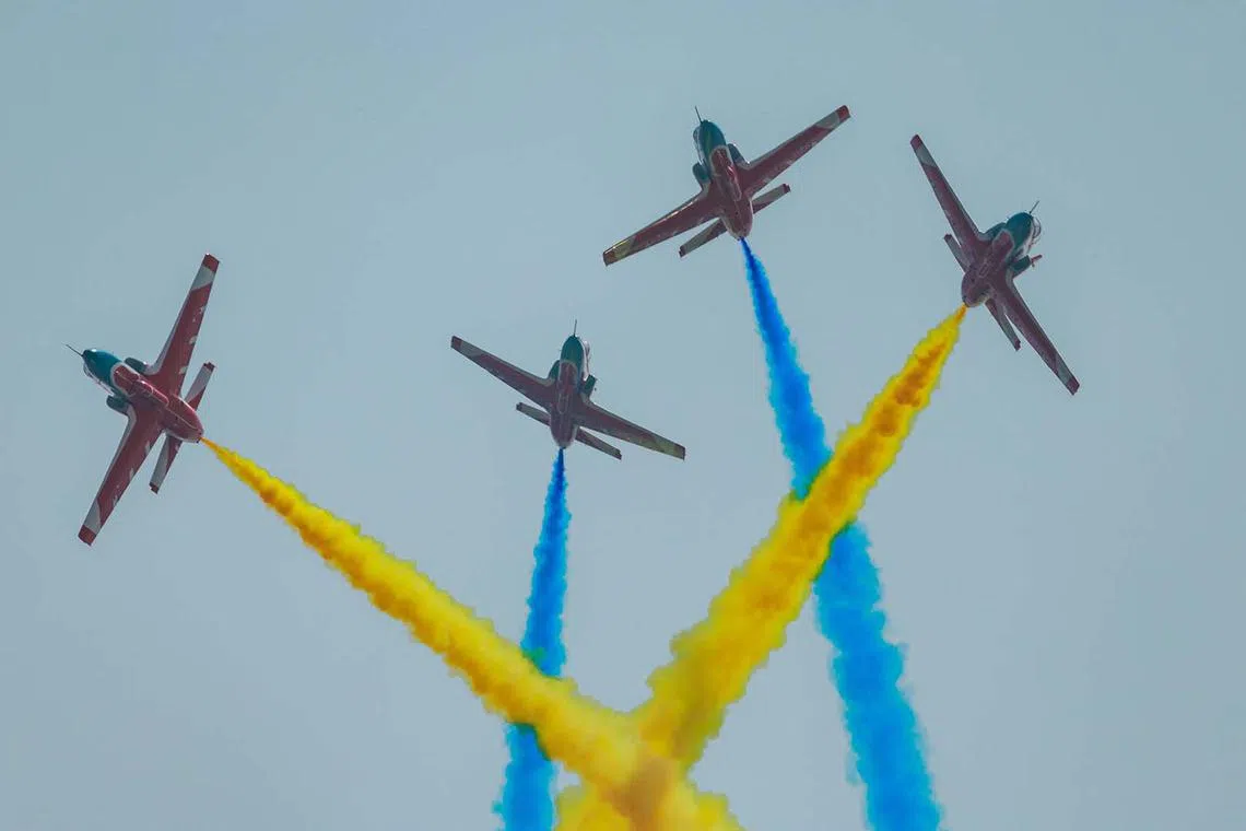 Red Eagle Aerobatic Team performing in JL-8 aircrafts, during the flight demonstration at the Airshow China, in Zhuhai, China, Nov 12, 2024. 