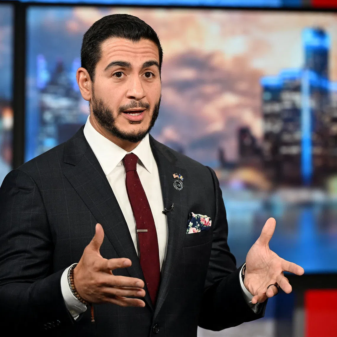 U.S. Senate candidate Abdul El-Sayed (D-MI) speaks during the U.S. Senate debate with U.S. Rep. Haley Stevens moderated by Roop Raj from Fox 2 at Fox 2 Studios in Southfield, Michigan, U.S., July 27, 2026. Robin Buckson/Pool via REUTERS