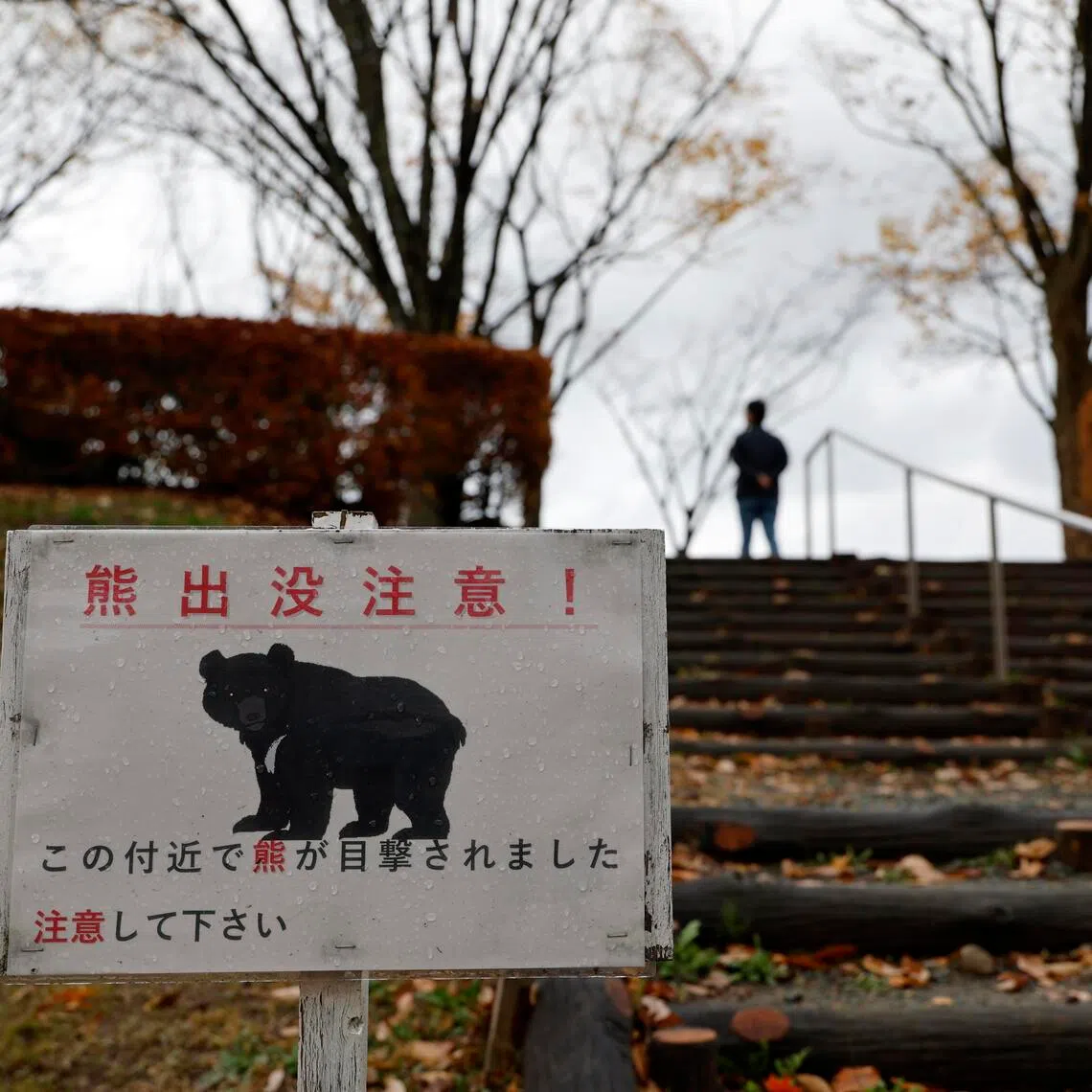 A bear warning sign at Senshu Park, where bear sightings have led to restricted access, in Akita Prefecture, Japan.