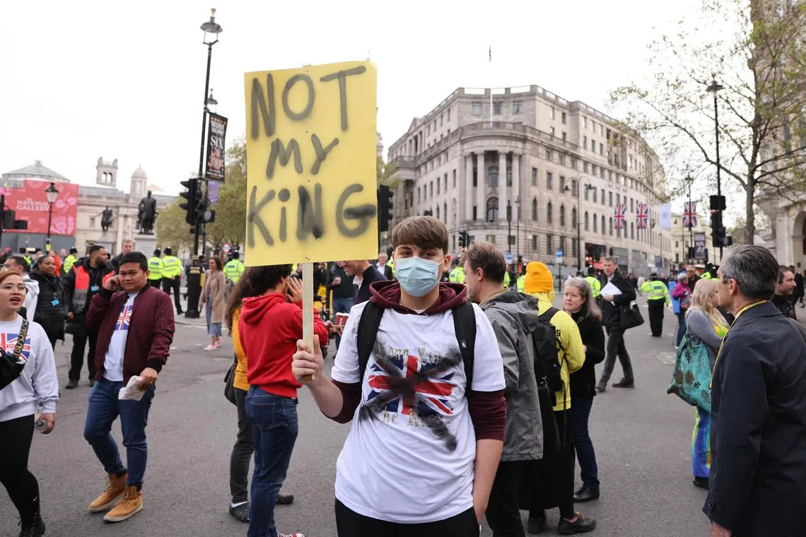 Members of anti-monarchy group Republic protesting on the day of the Coronation of Britain's King Charles III in London on May 6, 2023.
