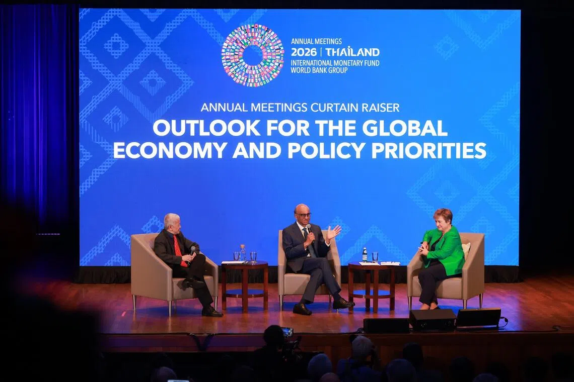 IMF managing director Kristalina Georgieva (right) at an Oct 7 fireside discussion with President Tharman Shanmugaratnam and moderator and economics professor Danny Quah.