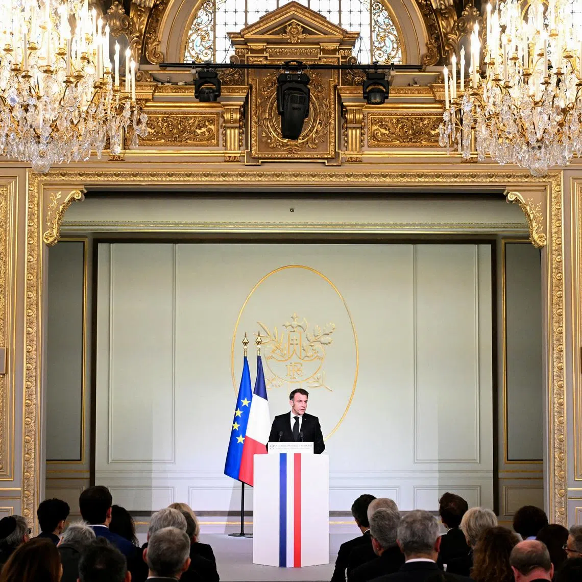 France's President Emmanuel Macron speaks during a ceremony commemorating the 20th anniversary of the murder of Ilan Halimi, a 23-year-old French Jew who was tortured and murdered in 2006, at The Elysee Presidential Palace in Paris, France, February 13, 2026.     BERTRAND GUAY/Pool via REUTERS