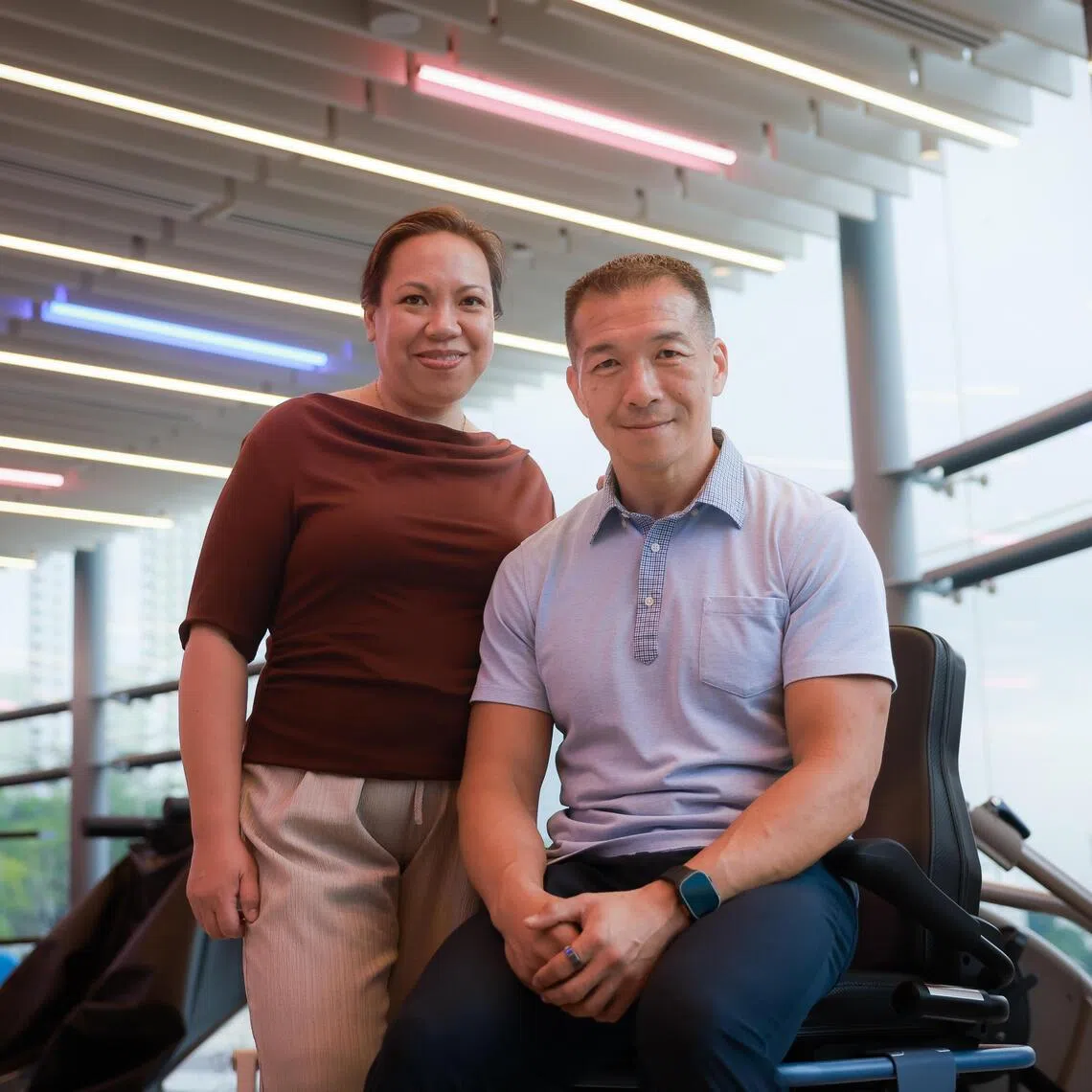 American Ninja Warrior Jimmy Choi and his wife, Cherryl, at a gym at AMK Hub on Oct 29. He was in Singapore to launch an interactive exhibition aimed at raising awareness of Parkinson’s disease.