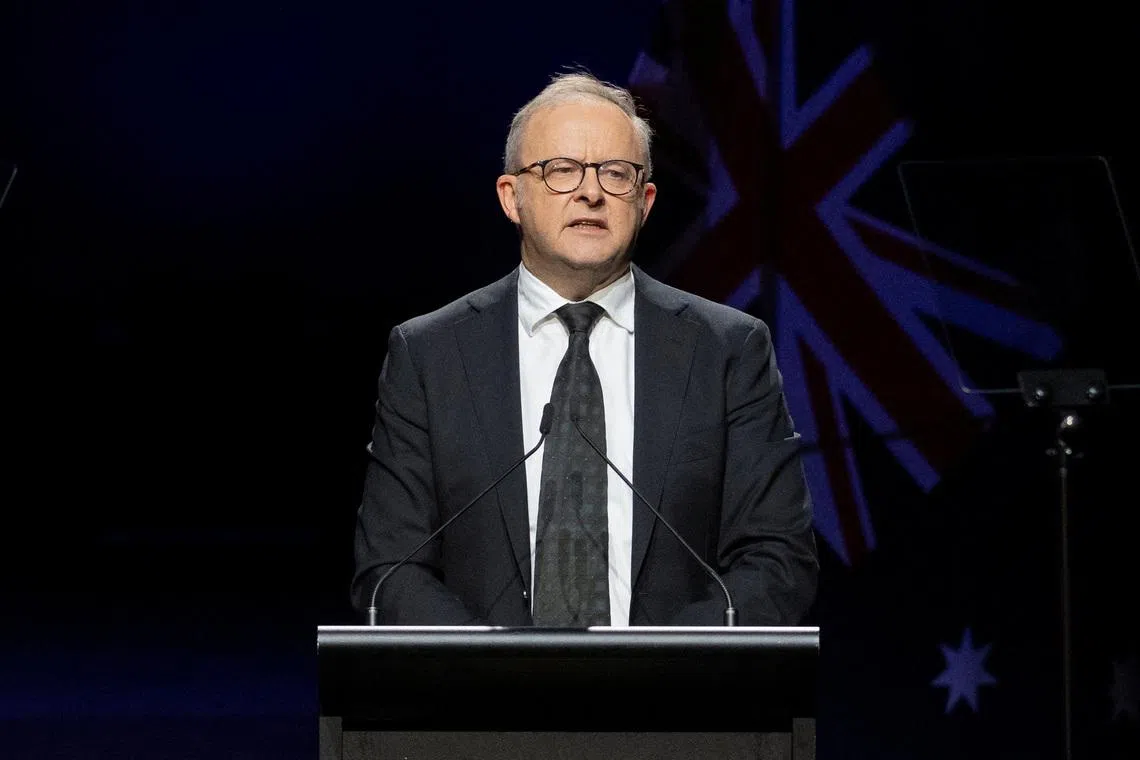 Australian Prime Minister Anthony Albanese speaks at the Sydney Opera House during a National Day of Mourning for the victims of the December 14, 2025, mass shooting at a Jewish Hanukkah celebration at Bondi Beach, in Sydney, Australia, January 22, 2026. REUTERS/Jeremy Piper