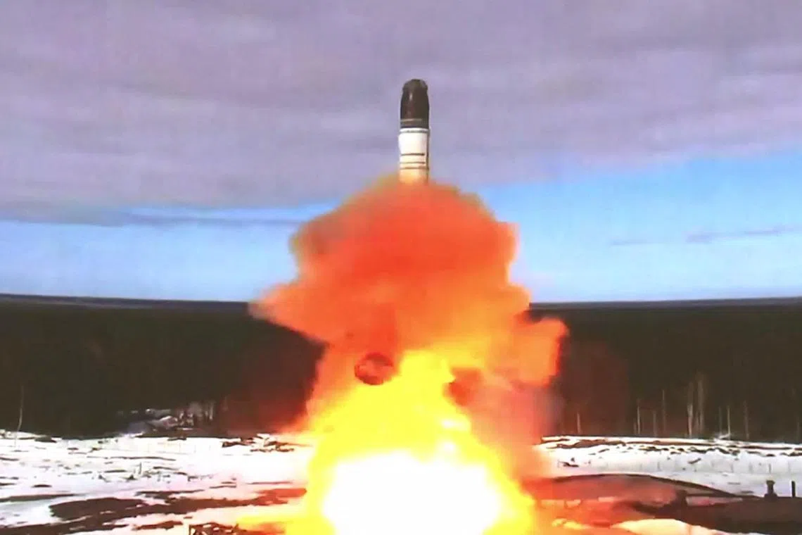 (FILES) In this file photo video grab made from a handout video footage released by the Russian Defence Ministry on April 20, 2022 shows the launching of the Sarmat intercontinental ballistic missile at Plesetsk testing field, Russia. - The Russian President said that Russia has successfully tested the Sarmat intercontinental ballistic missile, saying the next-generation capable of carrying nuclear charges will make Kremlin's enemies "think twice." (Photo by Handout / Russian Defence Ministry / AFP) / RESTRICTED TO EDITORIAL USE - MANDATORY CREDIT "AFP PHOTO / Russian Defence Ministry" - NO MARKETING - NO ADVERTISING CAMPAIGNS - DISTRIBUTED AS A SERVICE TO CLIENTS