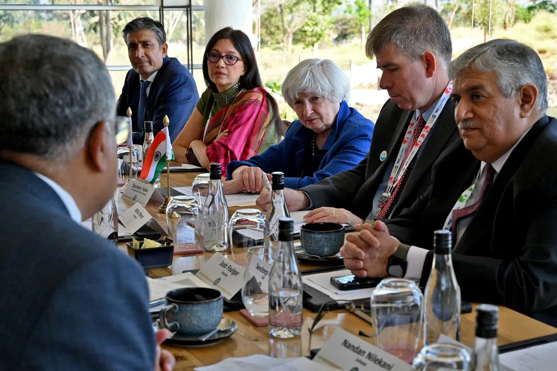 US Treasury Secretary Janet Yellen (centre) has pressed for a communique from the G-20 condemning Russia's invasion of Ukraine.