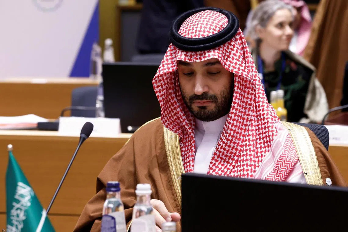 Saudi Arabia Crown Prince and Prime Minister Mohammed bin Salman bin Abdulaziz Al Saud attends a roundtable meeting during the joint European Union and the Gulf Cooperation Council (GCC) summit, in Brussels, Belgium October 16, 2024. REUTERS/Johanna Geron
