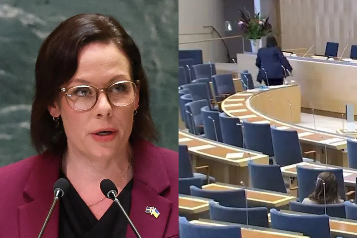 Swedish foreign minister Maria Malmer Stenergard fled the chamber after pro-Palestinian protesters threw a bag - reportedly containing tomatoes - in her direction.
