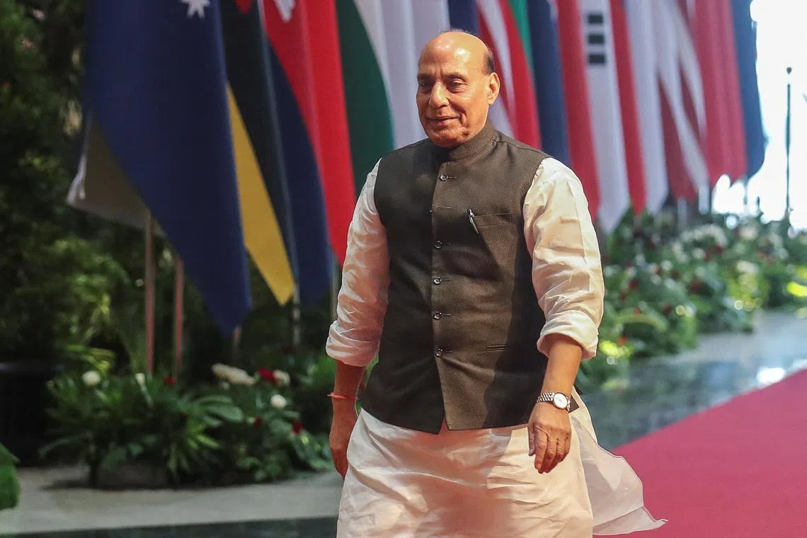 FILE PHOTO: India's Defense Minister Rajnath Singh arrives for the 10th Association of Southeast Asian Nations (ASEAN) Defense Ministers Meeting - Plus in Jakarta, Indonesia, November 16, 2023. BAGUS INDAHONO/Pool via REUTERS/File Photo