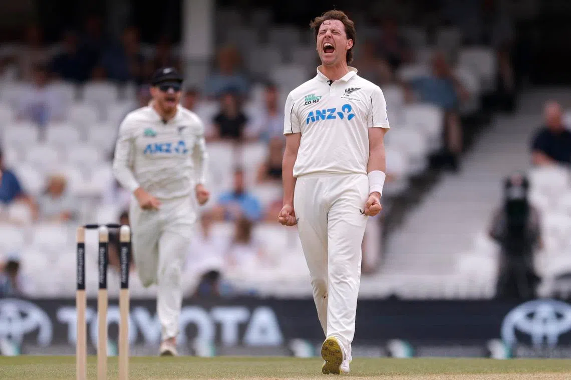 Cricket - England v New Zealand - Second Test - Kia Oval, London, Britain - June 21, 2026 New Zealand's Matt Henry celebrates after taking the wicket of England's Josh Tongue Action Images via Reuters/Andrew Couldridge