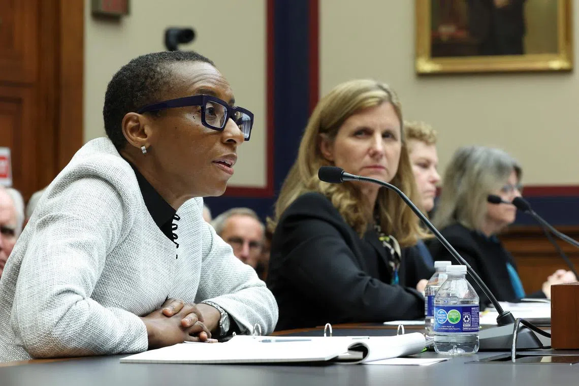 Harvard University president Claudine Gay (left) and University of Pennsylvania president Liz Magill testify before the House Education and Workforce Committee on Dec 5.