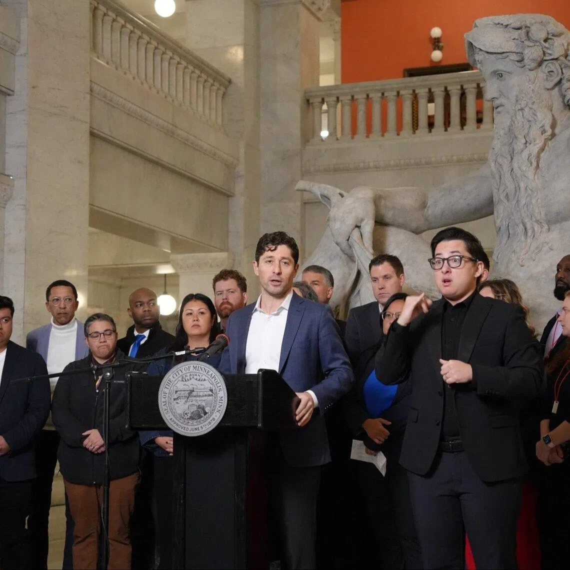 Minneapolis Mayor Jacob Frey giving a news conference on Jan 10, as civil liberties and migrant-rights groups prepared nationwide US rallies to protest the Jan 7 killing of Renee Good by an ICE officer.