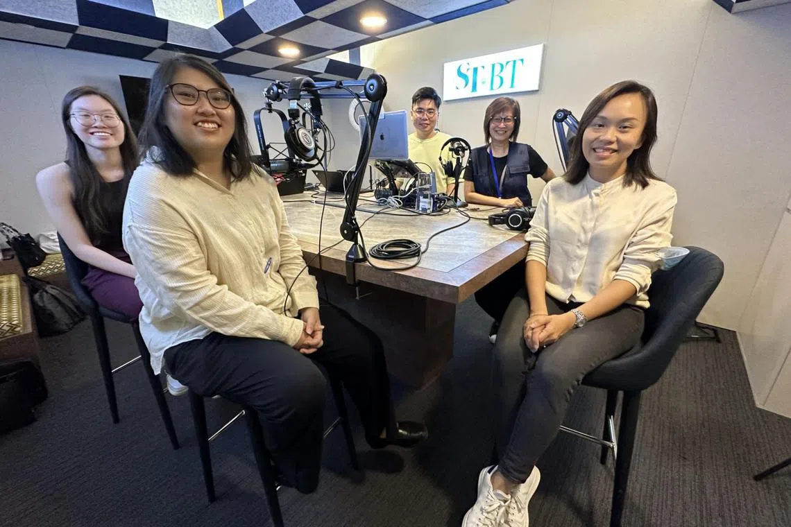 (Clockwise from left) Chatline client Ashley Poo, Chatline youth volunteer Sheryl Yue, ST podcast producer Eden Soh,  ST senior health correspondent Joyce Teo and Chatline programme lead Lee Yi Ping in the studio.