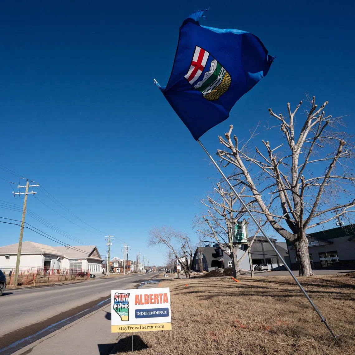 An Alberta flag flies at an Alberta Independence petition signing location in High River, Alberta, Canada February 5, 2026.  REUTERS/Todd Korol