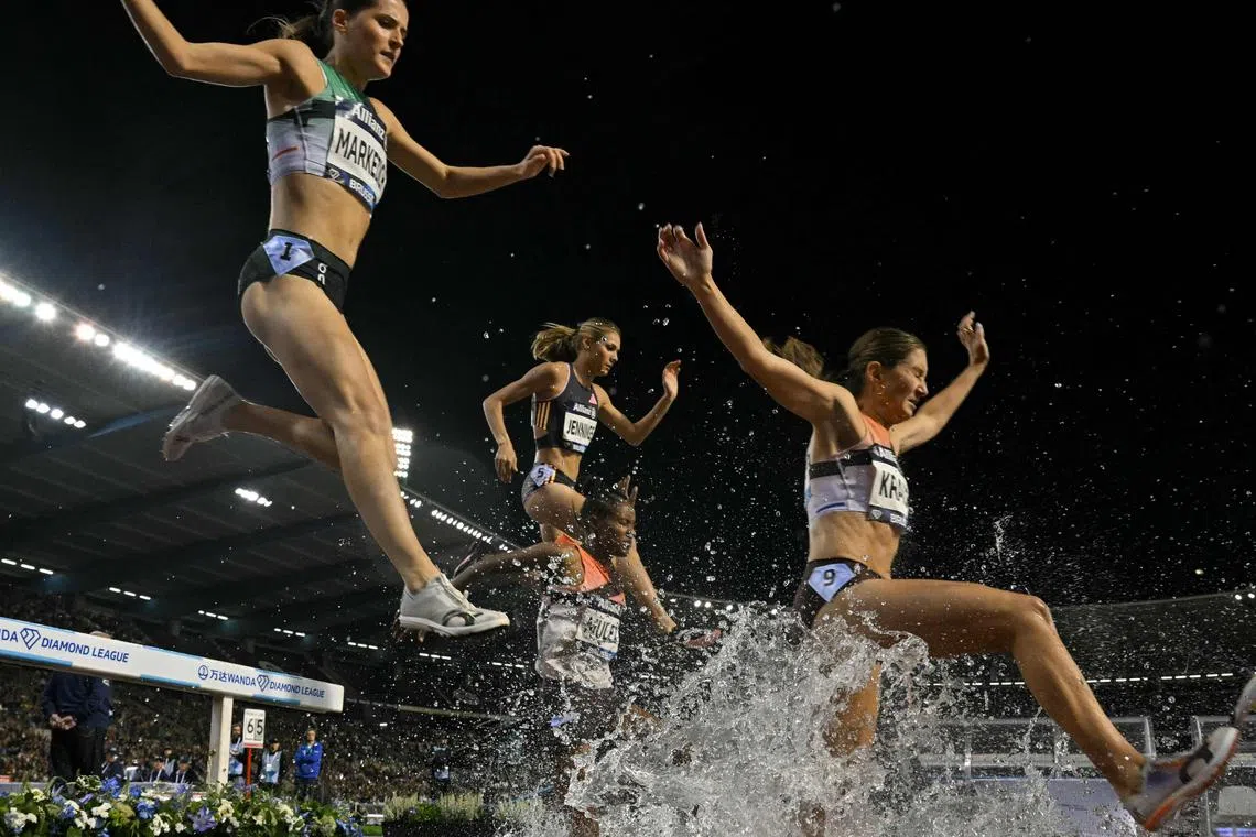 Athletes compete in the women's 3,000m steeplechase final of the Brussels Diamond League meet.