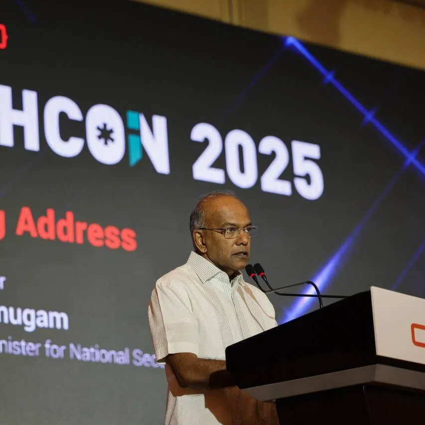 Coordinating Minister for National Security K. Shanmugam delivers his speech during the Tech Conference 2025 at the Conrad Singapore Marina Bay Hotel on Oct 17.