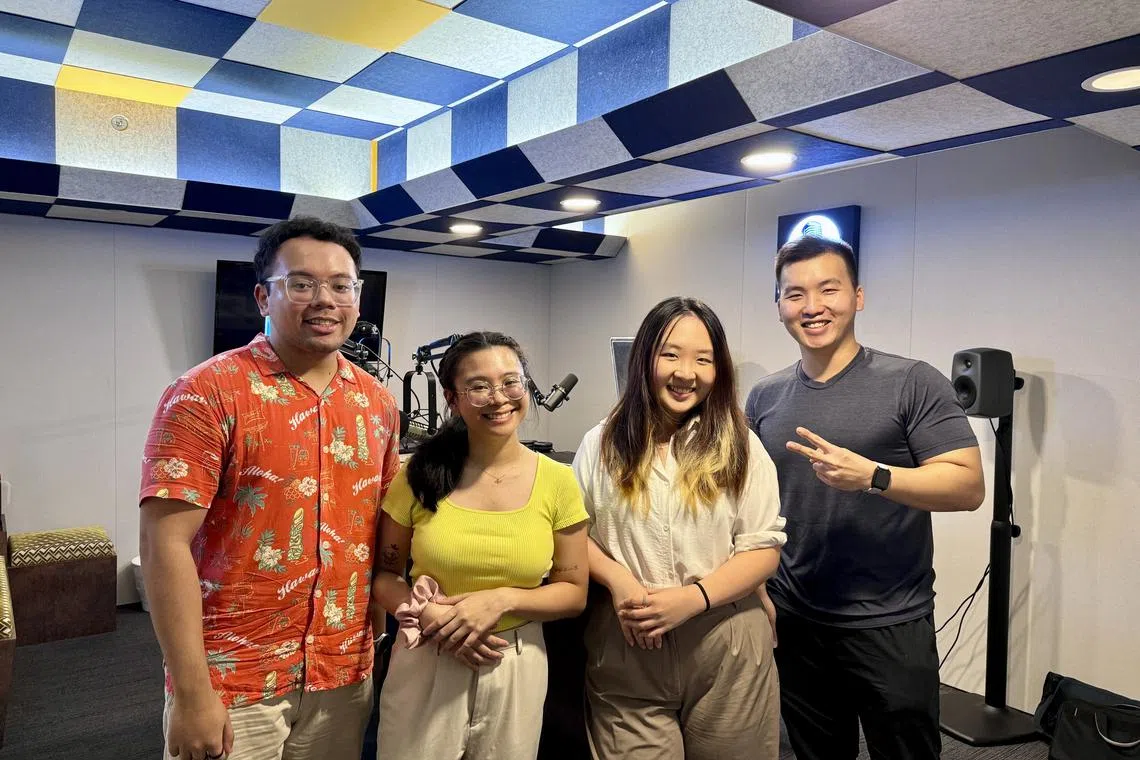 In the podcast studio (from left): Host Aqil Hamzah, Ms Charisse Grace Agustin, who does not want children, co-host Sarah Koh and Mr Sng Shan En, a father to a three-year-old.