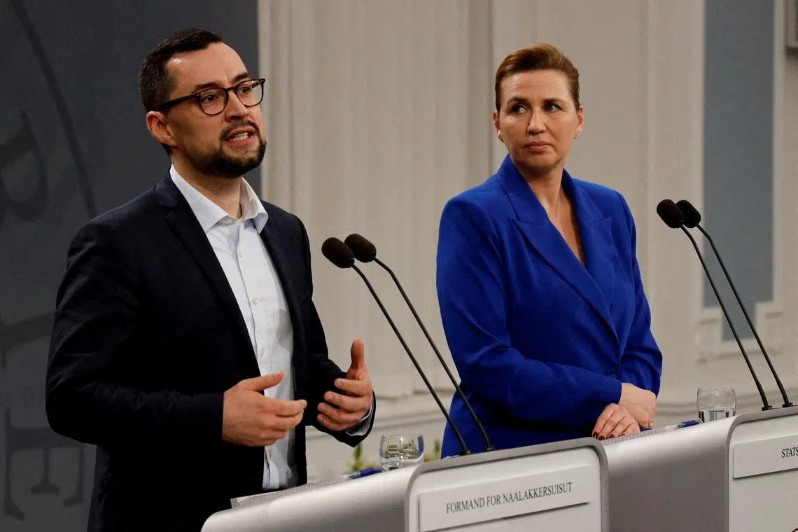 Denmark's Prime Minister Mette Frederiksen and  Greenlandic Prime Minister Mute B. Egede attend a press conference in the Mirror Hall at the Prime Minister's Office, at Christiansborg in Copenhagen, Denmark, January 10, 2025. REUTERS/Tom Little
