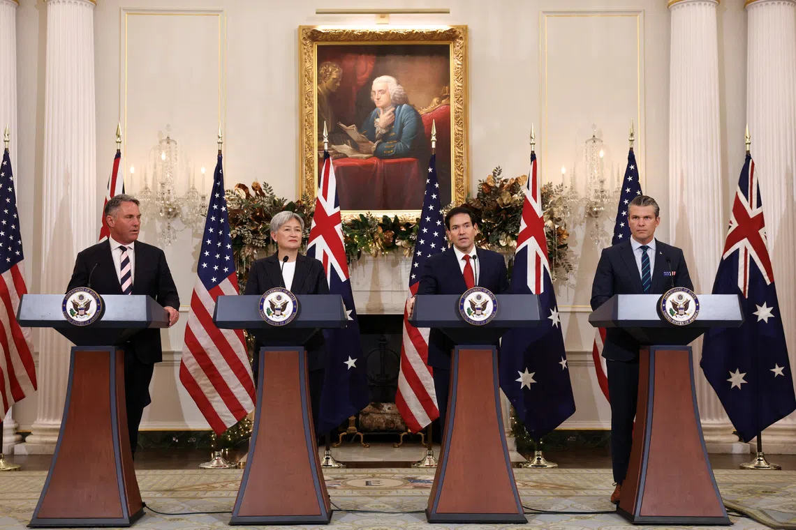 (From left) Australia's defence minister Richard Marles, Australian Foreign Minister Penny Wong, US Secretary of State Marco Rubio and US Secretary of Defense Pete Hegseth in Washington on Dec 8.