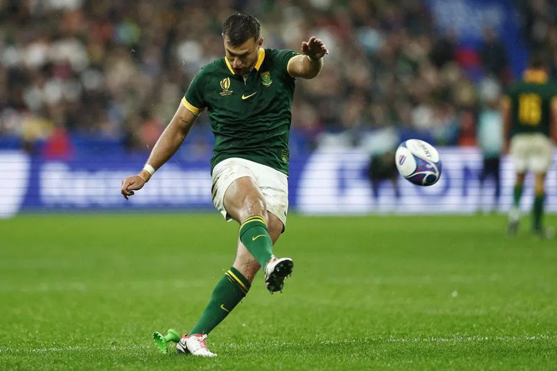 Rugby Union - Rugby World Cup 2023 - Semi Final - England v South Africa - Stade de France, Saint-Denis, France - October 21, 2023 South Africa's Handre Pollard scores a conversion kick REUTERS/Gonzalo Fuentes