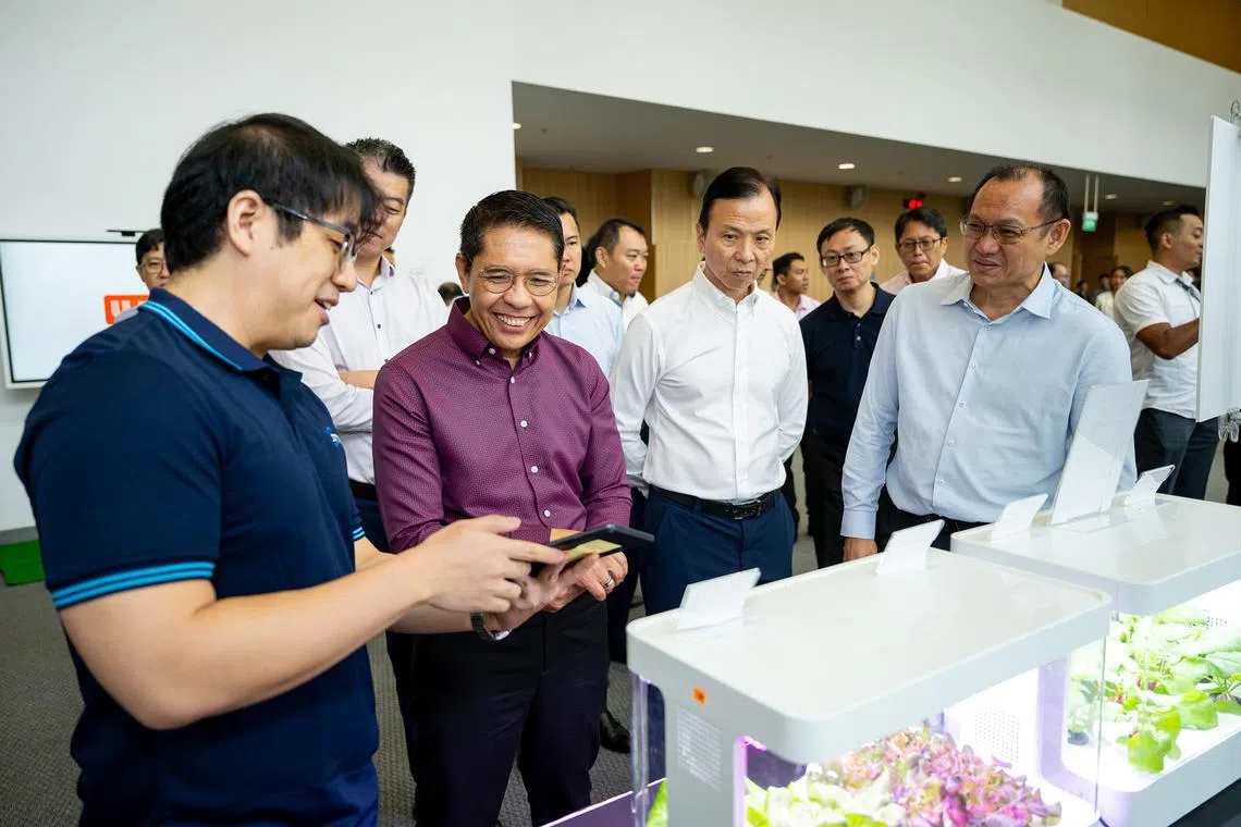 jsalliance03 - Mr Daryl Song, product engineer at technology firm STYL Solutions (in blue polo shirt), showing the firm's automated indoor farming solution FarmBox to Dr Maliki Osman, Minister in the Prime Minister's Office, Second Minister for Education and Second Minister for Foreign Affairs; and Mr Tan Tong Hai, Chairman of Nanyang Polytechnic; together with STYL Solutions chief executive Terry Tan (blue long-sleeved shirt). 

Credit: Nanyang Polytechnic
