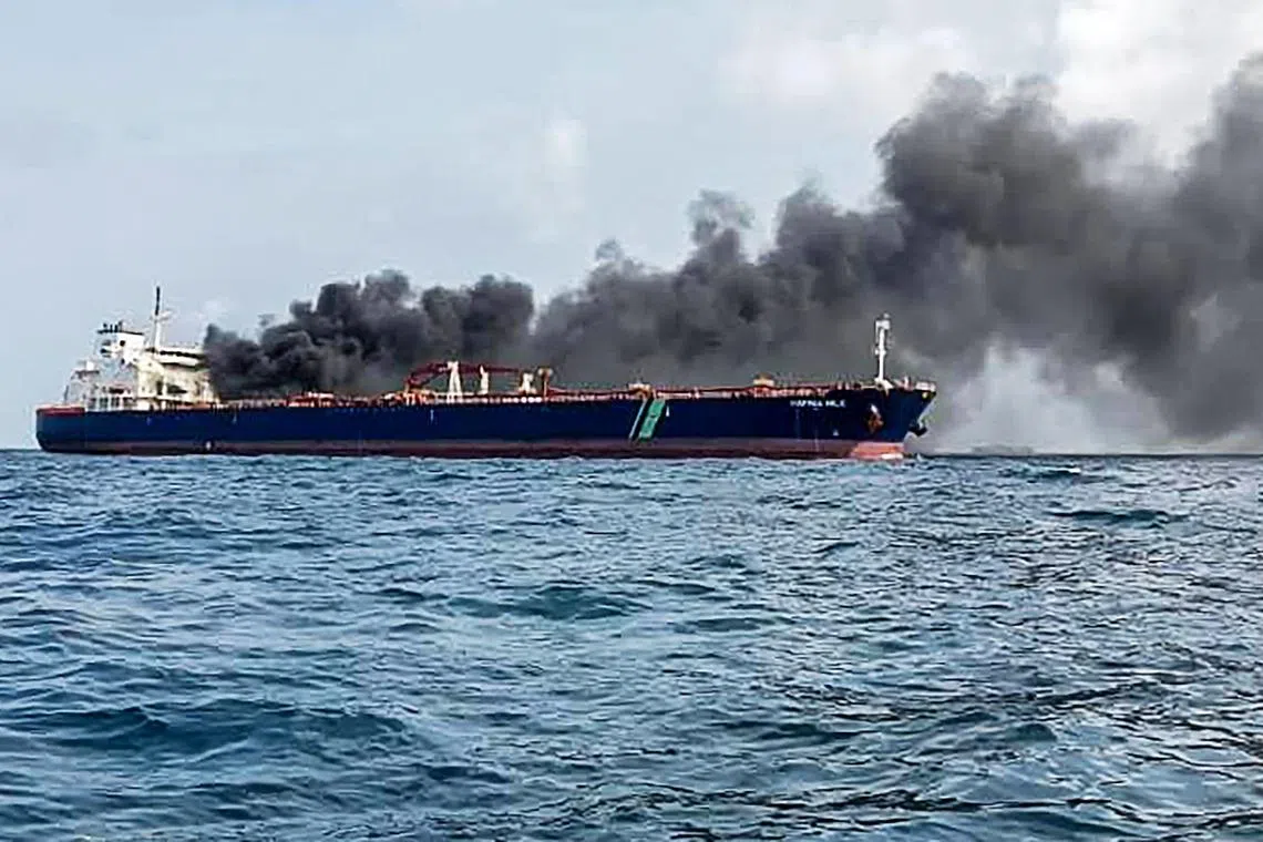Singapore-flagged tanker Hafnia Nile on fire in Tanjung Sedili, near Singapore, on July 19. 
