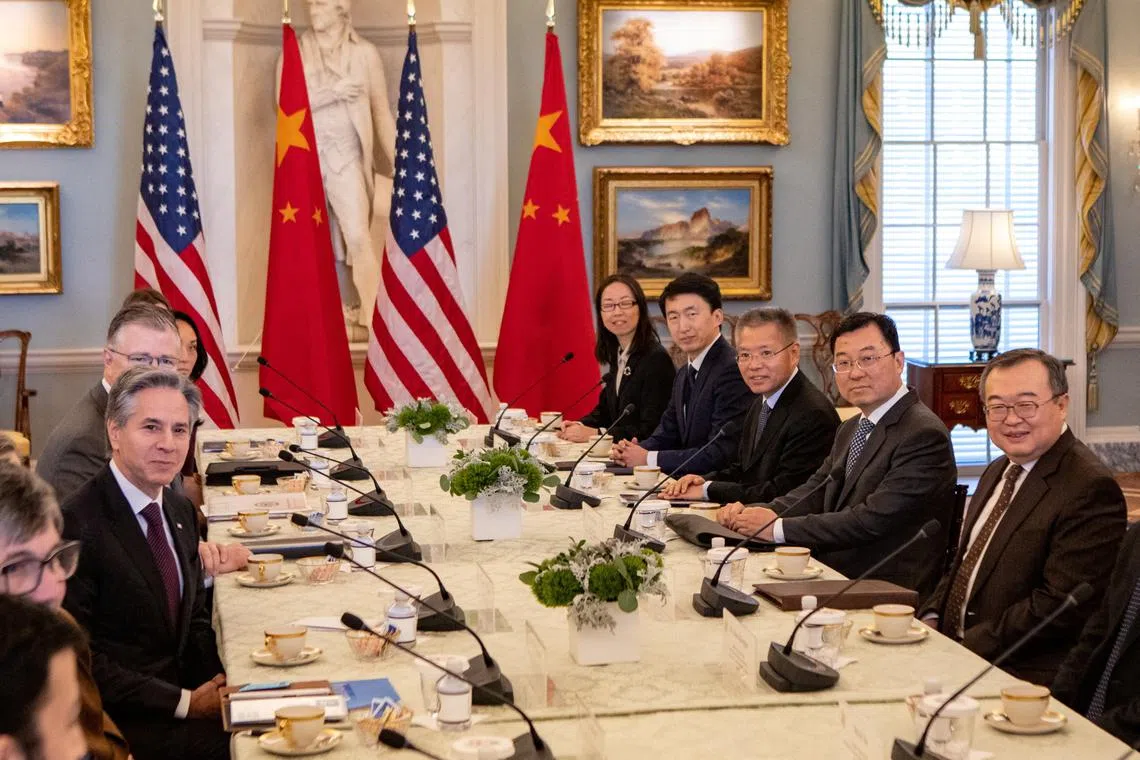 FILE PHOTO: U.S. Secretary of State Antony Blinken meets with Chinese Communist Party International Liaison Department Minister Liu Jianchao at the State Department in Washington, U.S., January 12, 2024. REUTERS/Anna Rose Layden/FILE PHOTO