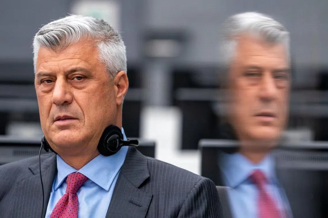 FILE PHOTO: Former Kosovo President Hashim Thaci, who resigned and was taken into custody of a war crimes tribunal, appears for the first time before the Kosovo Specialist Chambers in The Hague, Netherlands November 9, 2020.  Jerry Lampen/Pool via REUTERS/File Photo