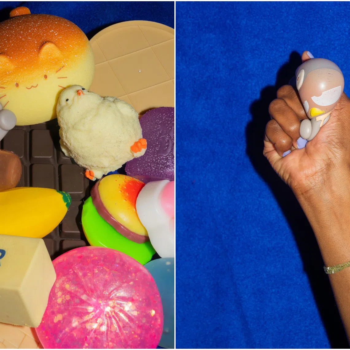 The toys come in a variety of shapes, colours and forms. Some have a crunch feel, and others rise slowly after being compressed.