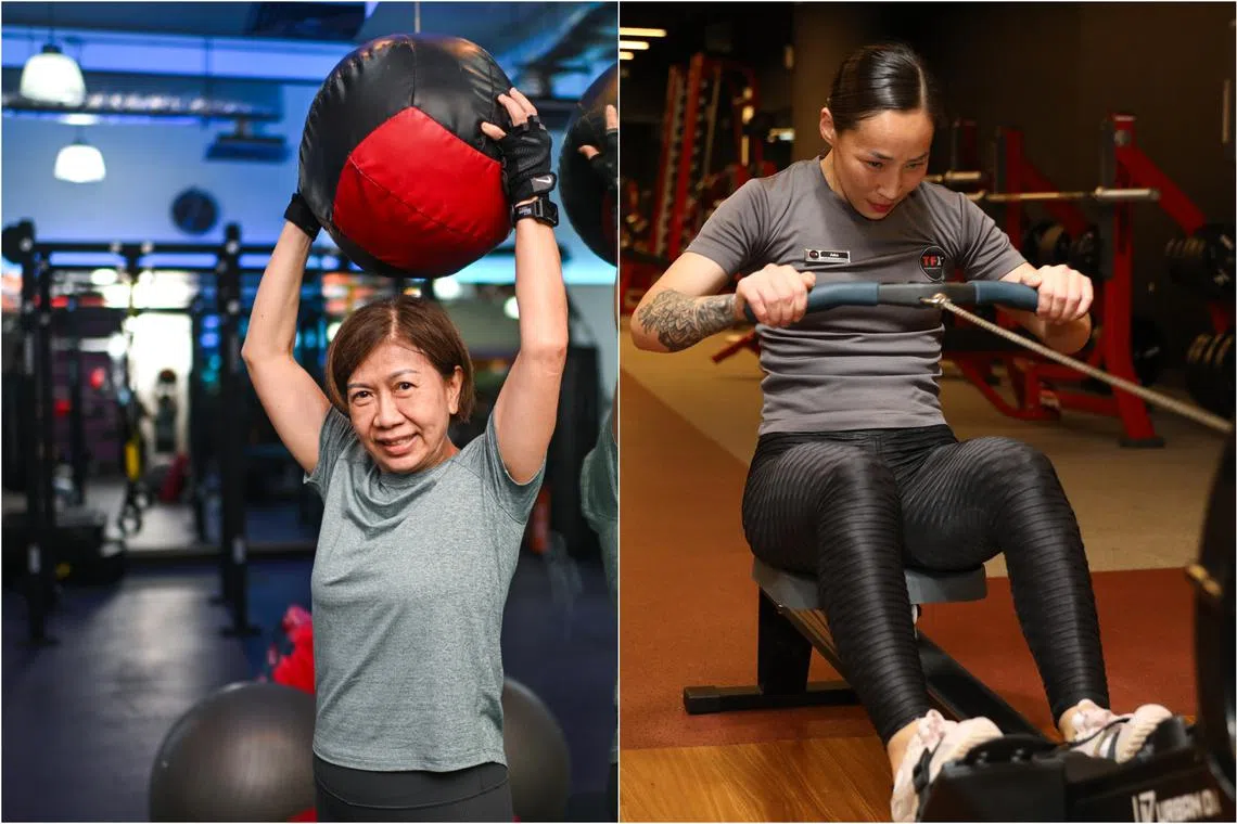 Madam Woon Mee Yin (left) credits gym workouts for helping her lose 15kg and stay trim, and Ms Tuvshintugs Javkhlantuul (right) lost her pregnancy weight over a year by taking gentle walks.