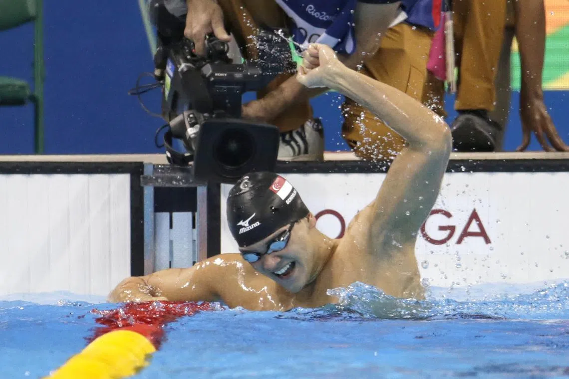 Joseph Schooling of Singapore reacting after winning the Rio 2016 Olympic Games men's 100m butterfly final at the Olympic Aquatics Stadium in Rio de Janeiro, Brazil, on Aug 12, 2016.
