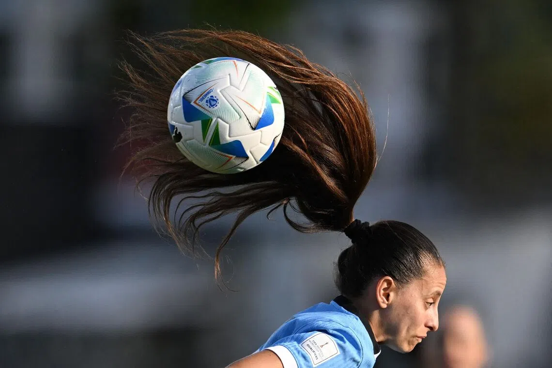 Uruguay's Belen Aquino jumping for the ball during the Conmebol Women's Nations League 2025-26 football match between Uruguay and Ecuador, at the Alfredo Víctor Viera Park Stadium in Montevideo, Uruguay, on Dec 2, 2025. 