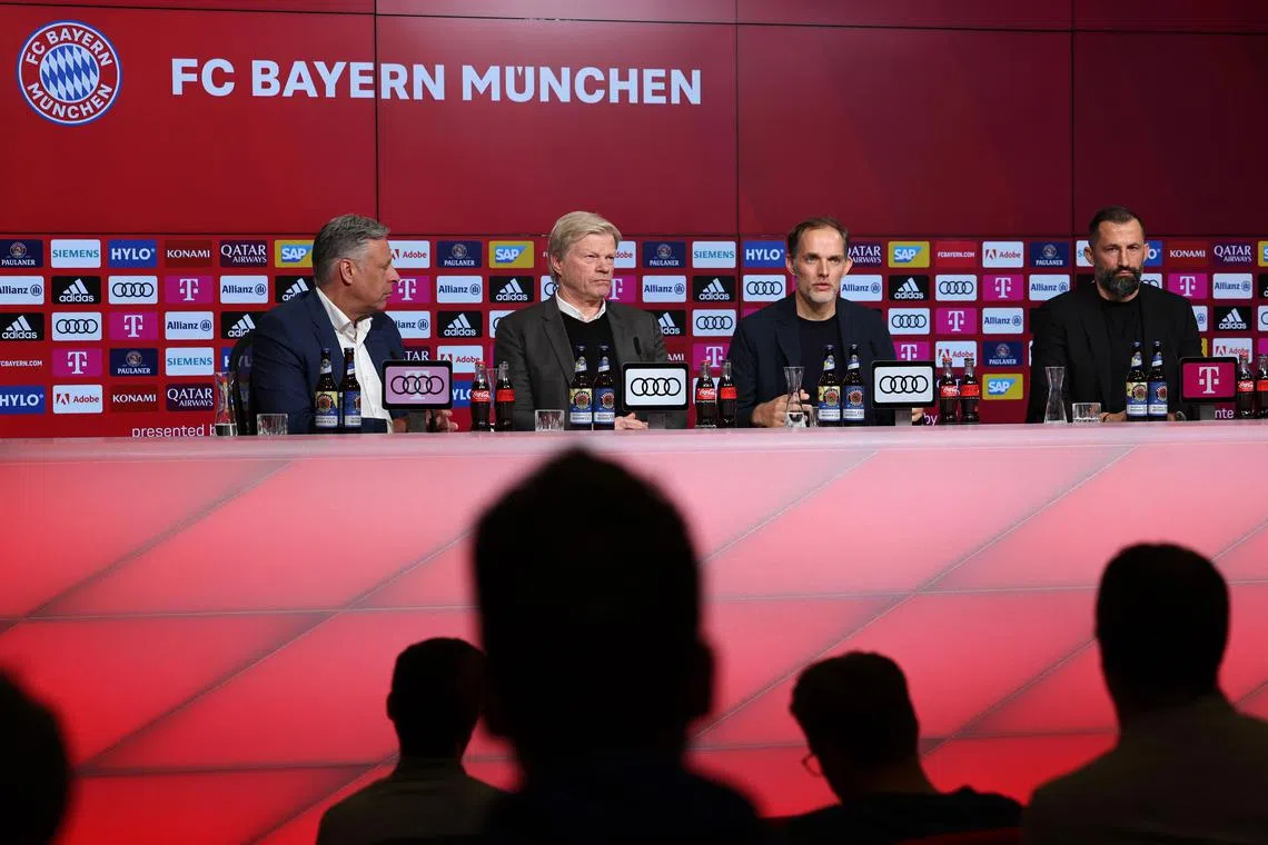 (From second left) Bayern Munich chief executive officer Oliver Kahn, new head coach Thomas Tuchel and sporting director Hasan Salihamidzic attend a press conference, on March 25, 2023.