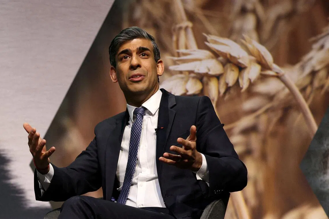 Britain's Prime Minister Rishi Sunak speaks during a question and answer session with National Farmers' Union (NFU) President of England and Wales Minette Batters (not pictured) at the annual NFU conference, at the ICC in Birmingham, Britain, February 20, 2024. ADRIAN DENNIS/Pool via REUTERS/File Photo