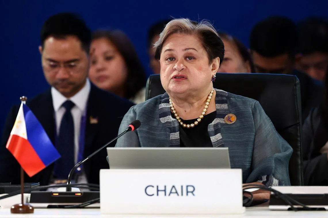 Association of Southeast Asian Nations (ASEAN) Chair and Philippine Foreign Affairs Secretary Theresa Lazaro delivers an opening statement during the ASEAN Foreign Ministers' Meeting ahead of the 48th ASEAN Summit and Related Meetings in Cebu City, Philippines, May 7, 2026. REUTERS/Eloisa Lopez