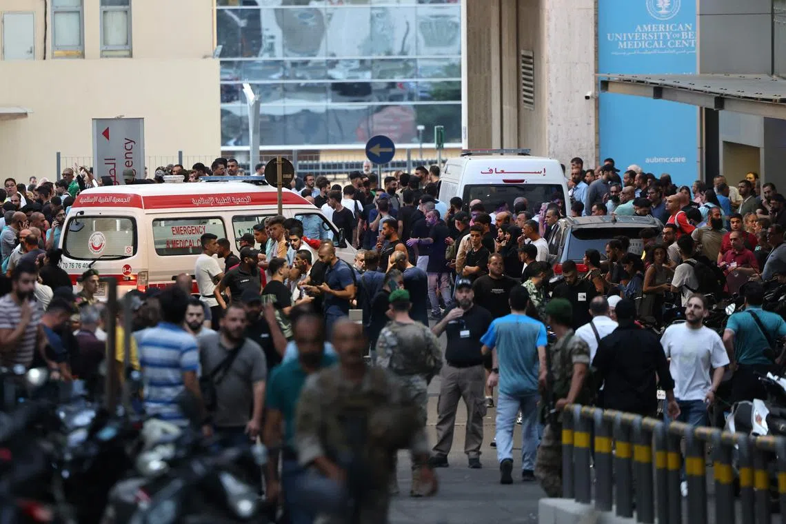 Ambulances arriving at a hospital in Beirut on Sept 17, amid a wave of pager explosions across Lebanon.