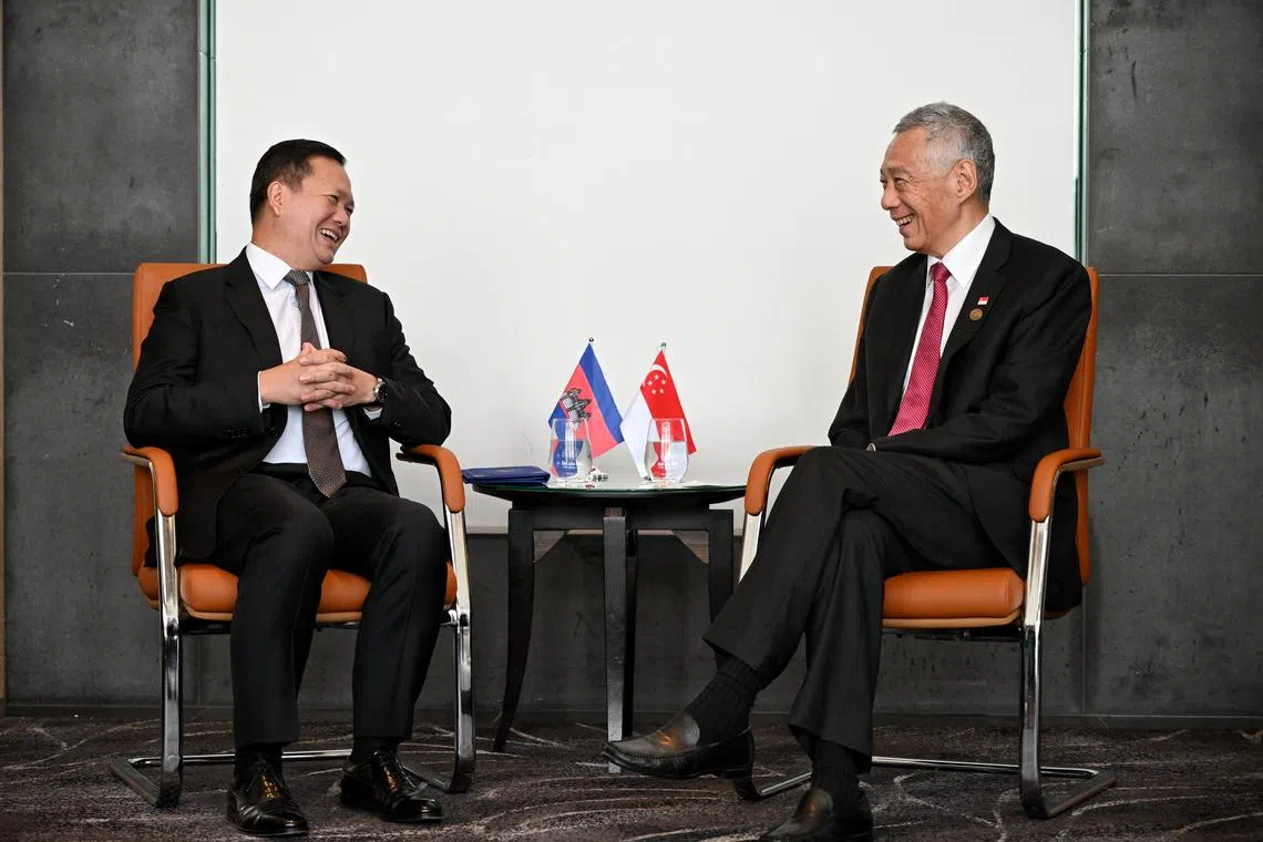 Prime Minister Lee Hsien Loong and Cambodia Prime Minister Hun Manet (left) at the 2024 ASEAN-Australia Special Summit on Mar 5, 2024.