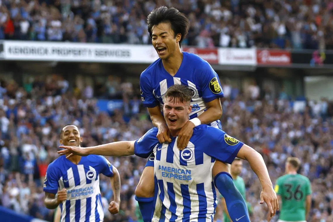 Brighton's Evan Ferguson celebrates scoring their third goal with Kaoru Mitoma.