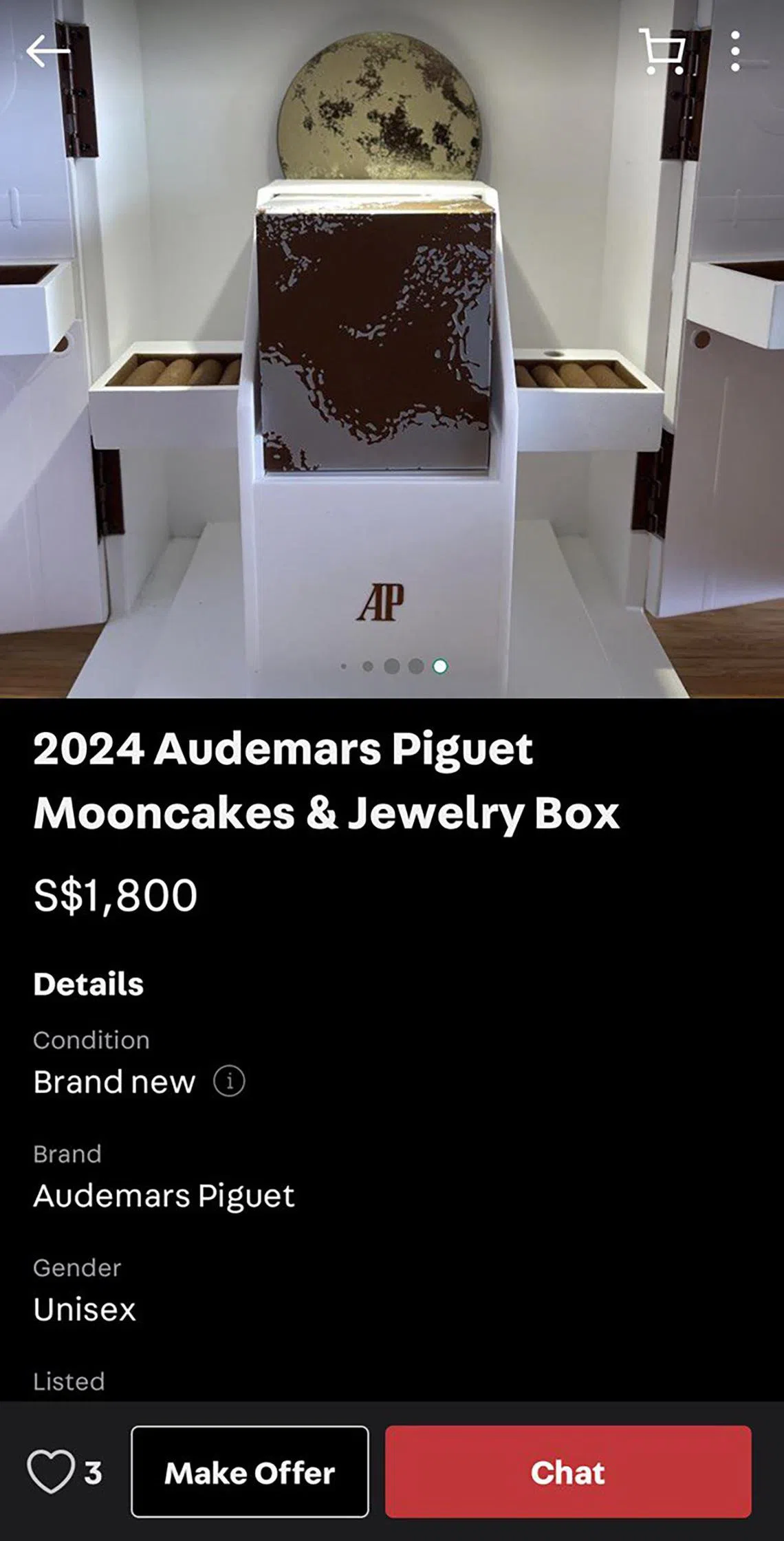 hsmooncake17 - Screenshot.  Mooncake packaging are being resold on platforms like Carousell. Among the most expensive receptacles being listed are those from luxury watch brand Audemars Piguet, with at least two - sans mooncakes - being priced at $1,800 and another, which comes with mooncakes, at $2,088. One design can be used as a jewellery box while the other is an exquisite lantern that comes with a telescope and light.