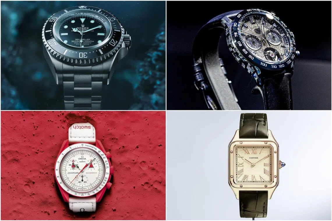 Rolex Deepsea Challenge, Tag Heuer Plasma Carrera Tourbillon, Cartier Santos-dumont, Moonswatch.