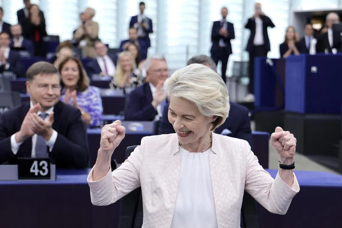 Dr Ursula von der Leyen reacts after being re-elected as European Commission president on July 18, 2024. 