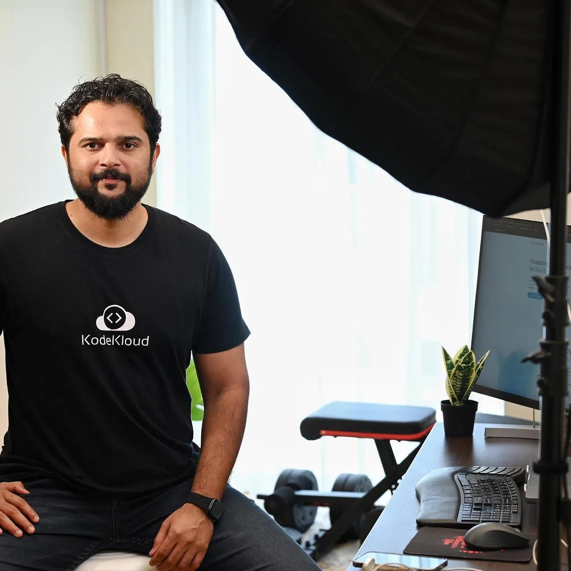 Profile photo taken of Mumshad Mannambeth, founder and CEO of KodeKloud at his house in Upper Aljuined Road on 17 Jan 2024. 
Story of company profile of KodeKloud, one of the fastest growing companies in a 2024 ranking compiled by ST and Statista .