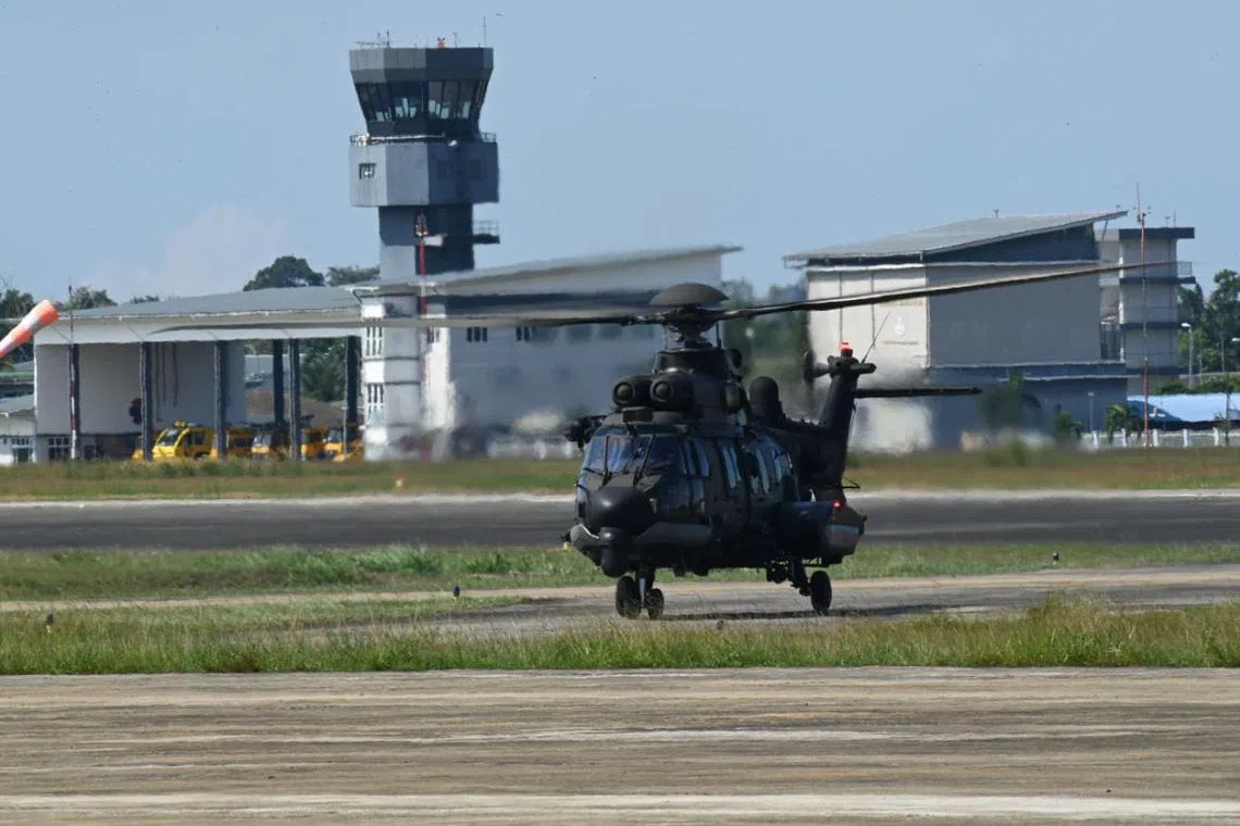 The RSAF's H225M helicopter landing at Kuantan Air Base, Malaysia.