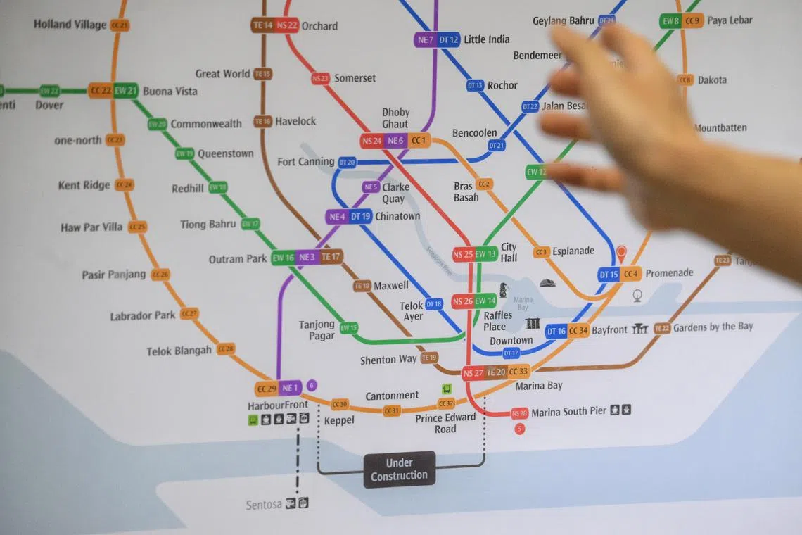 The full Circle Line (CCL) loop on display featuring updated station codes for Marina Bay and Bayfront as seen at Promenade MRT Station on May 29, 2026.