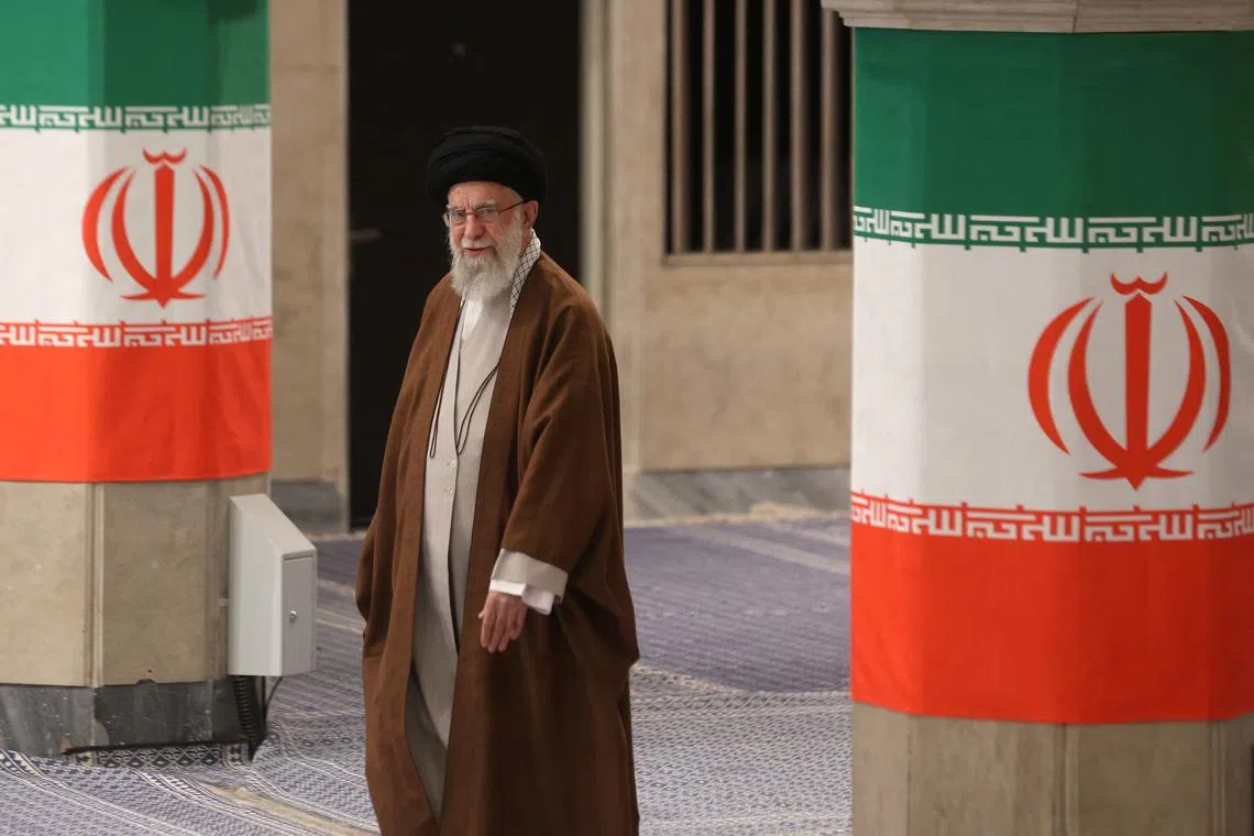 FILE PHOTO: Iran's Supreme Leader Ayatollah Ali Khamenei arrives to cast his vote during runoff parliamentary elections in Tehran, Iran, May 10, 2024. Majid Asgaripour/WANA (West Asia News Agency) via REUTERS/File Photo