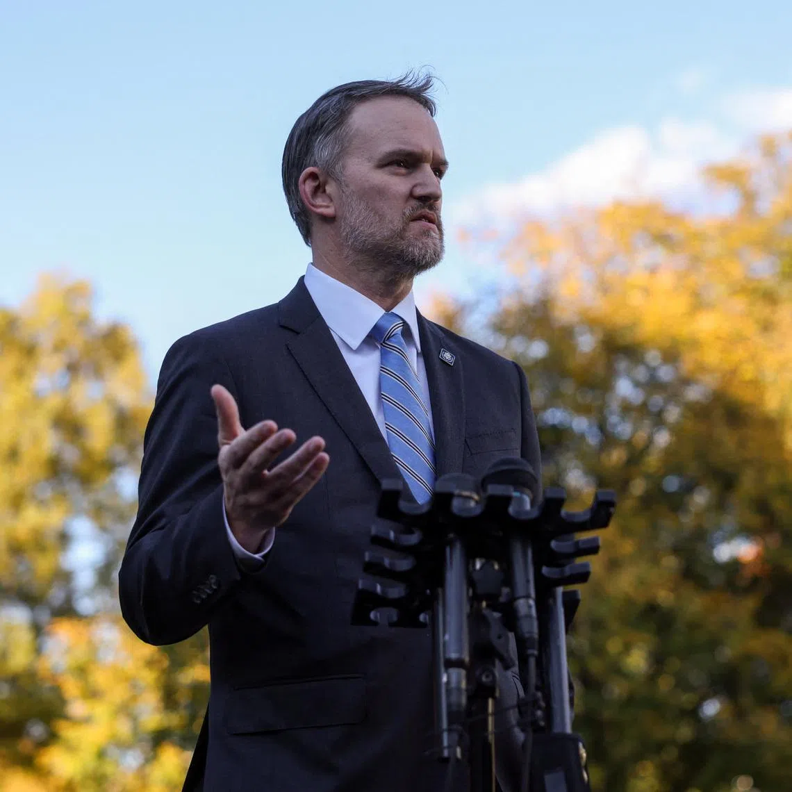 U.S. Trade Representative Jamieson Greer speaks with reporters at the White House in Washington, D.C., U.S., October 30, 2025. REUTERS/Kylie Cooper