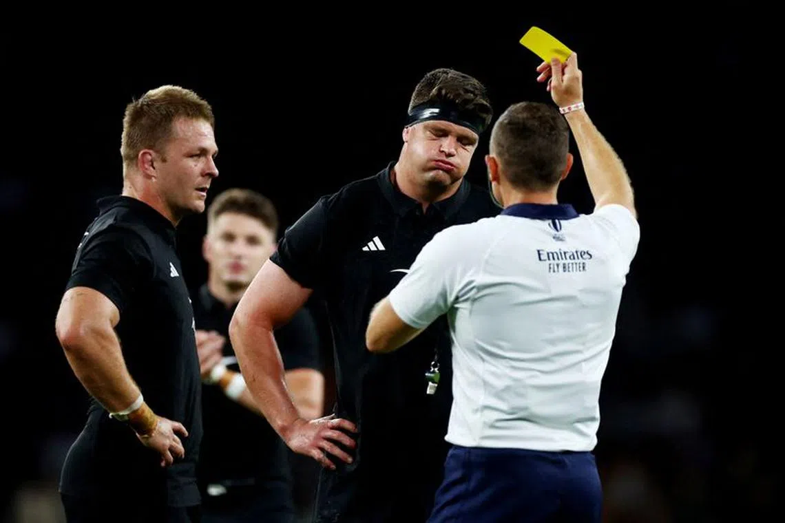 FILE PHOTO: Rugby Union - New Zealand v South Africa - World Cup warm-up - Twickenham Stadium, London, Britain - August 25, 2023 New Zealand's Scott Barrett reacts after being shown two yellow cards leading to a red card by referee Matthew Carley Action Images via Reuters/Matthew Childs/File Photo