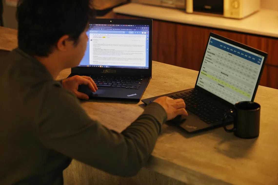 ST20231122_202300231246/vroveremployed/Jason Quah

Photo-illustration to show a person working on two jobs in home environment.